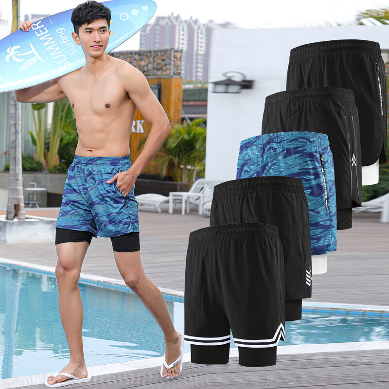 Pantalones cortos deportivos de dos capas para hombre, pantalones de chándal de culturismo, transpirables, de secado rápido, para verano