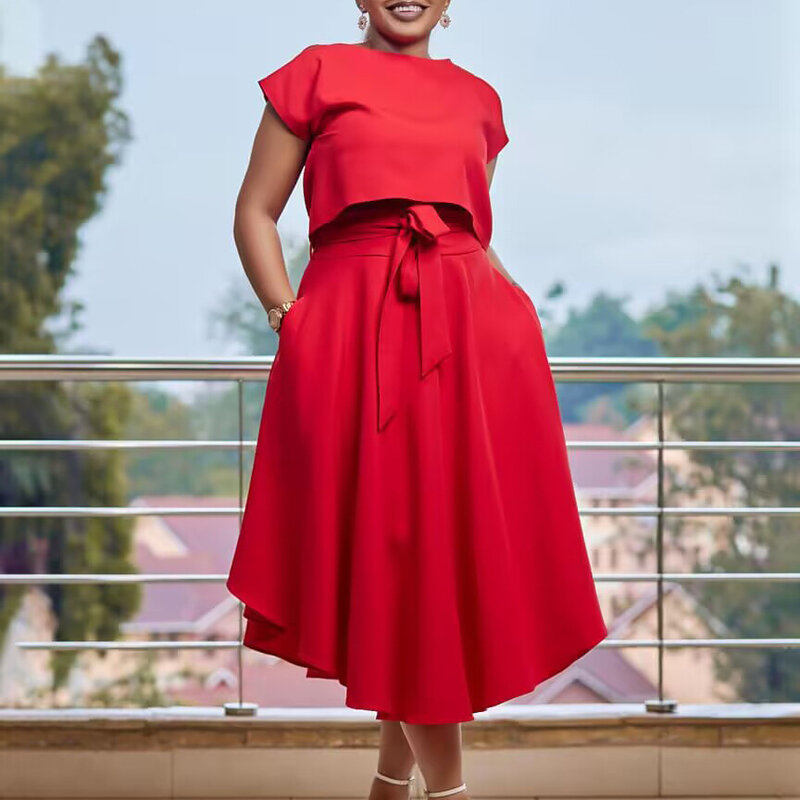 2023 afrykańskie ubrania dla kobiet lato elegancki afrykański dekolt z krótkim rękawem poliester czerwony biały pasujące zestawy ubranie afrykańskie