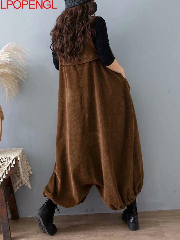 Autumn And Winter New Solid Color Corduroy Oversized Overalls Women's Loose Casual Bloomer Wide Leg Pants One-piece Pants Trend