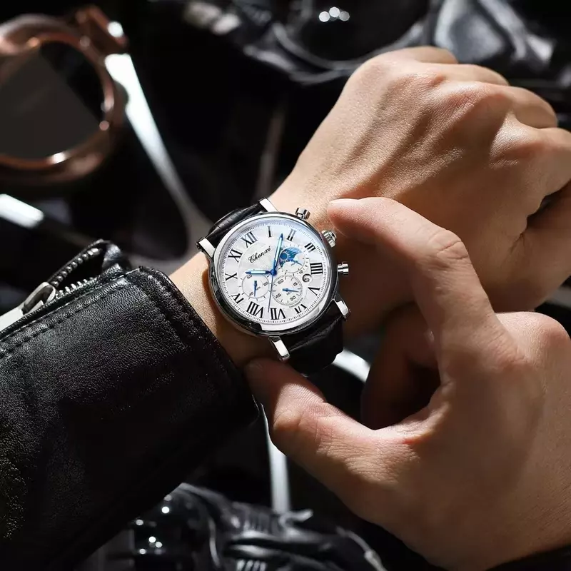 Montre-bracelet chronographe multifonction pour homme, cuir véritable, quartz rétro, décontracté, affaires de luxe, marque supérieure, cadeau masculin