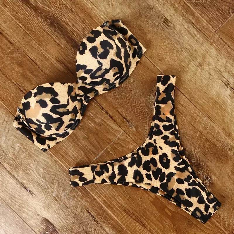 Sujetador de Bikini con realce para mujer, bañador Sexy de dos piezas, traje de baño de cintura baja, ropa de playa de leopardo