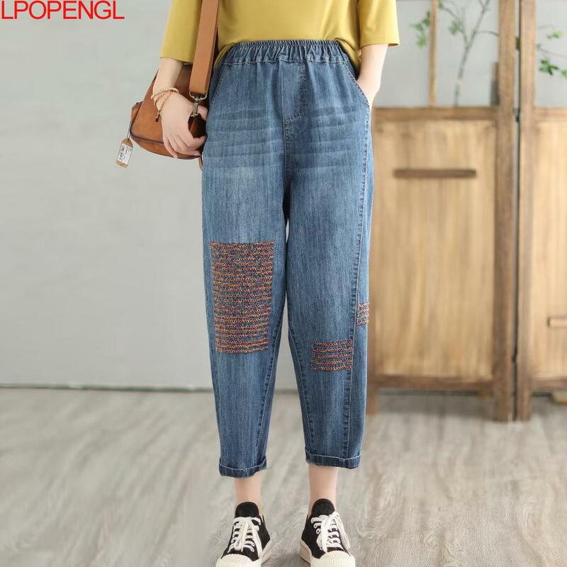 Moda nuova donna estate Vintage sciolto Denim colorato ricamo alla caviglia pantaloni Casual Harem elastico in vita Jeans larghi