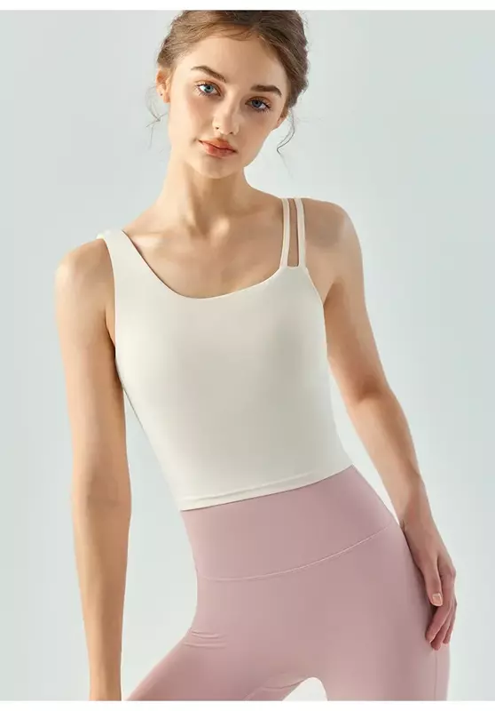 Yoga Vest Women's Semi-fixed Drop Cup Tight Back Yoga Underwear Long Slim Solid Color Fitness Clothes Top