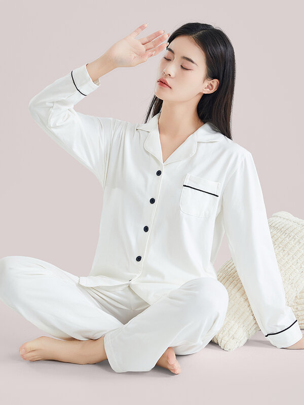 Conjunto de pijama de botão feminino, algodão fino, PJ, mangas completas, branco, roupa de inverno