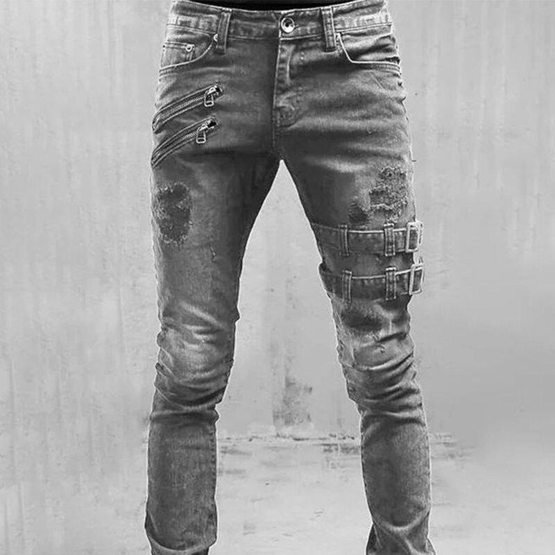 Jeans elásticos retos para homens, Retro Moto Biker Streetwear, Zipper Hole, Skinny Denim, Calças Cargo, Roupas Punk, Y2K