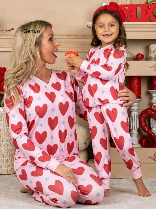 2022 Herfst Europese En Amerikaanse Schoonheid Jurk Valentijnsdag Liefde Print Casual Thuis Pyjama Ouder-kind Pak