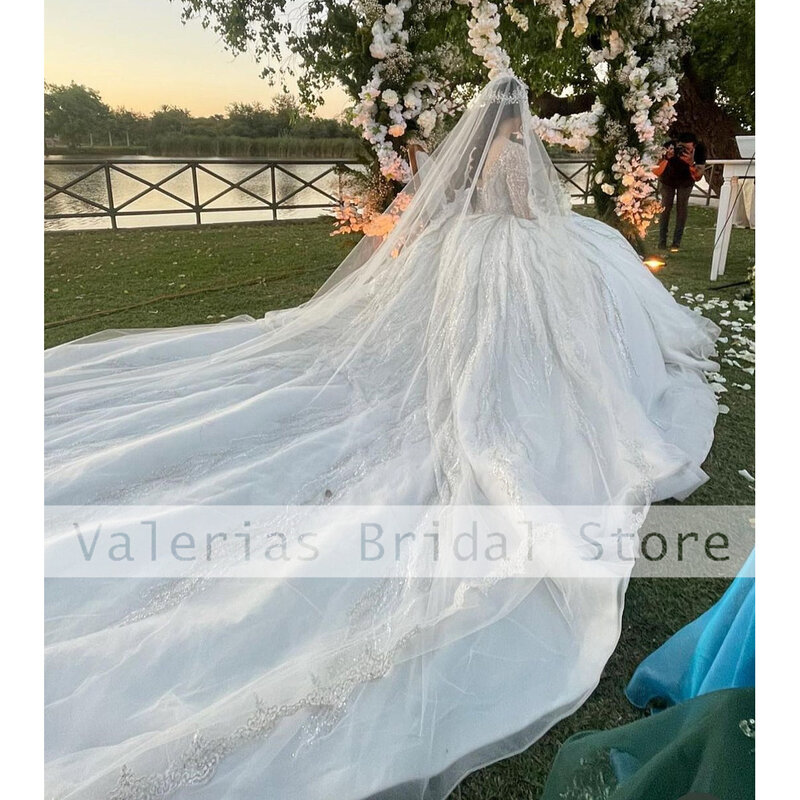 Luxury V-Neck White Wedding Dresses 2024 Ball Gown Floor Length Long Sleeve Sequined Beads Bridal Gowns Vestidos De Novia