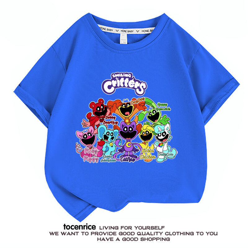 Camisetas de Critters sonrientes para niños, camiseta de juego para niños, ropa informal Kawaii de dibujos animados, Tops de Anime para niños y niñas, Tops de manga corta