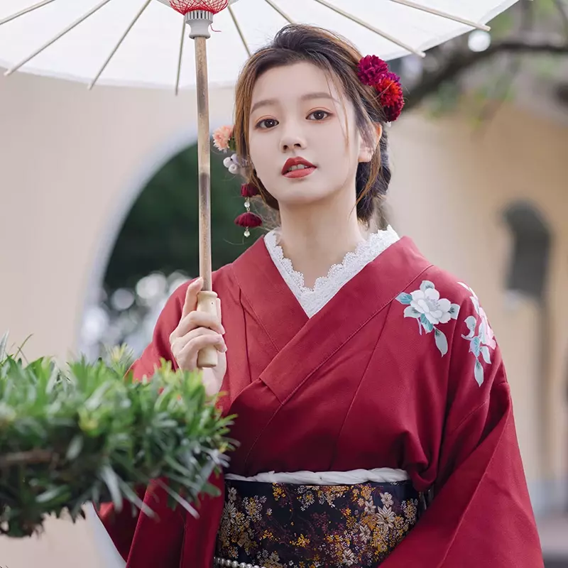Dress kostum Cosplay wanita, Gaun cetakan bunga warna merah Jepang tradisional lengan panjang Yukata Vintage untuk perempuan