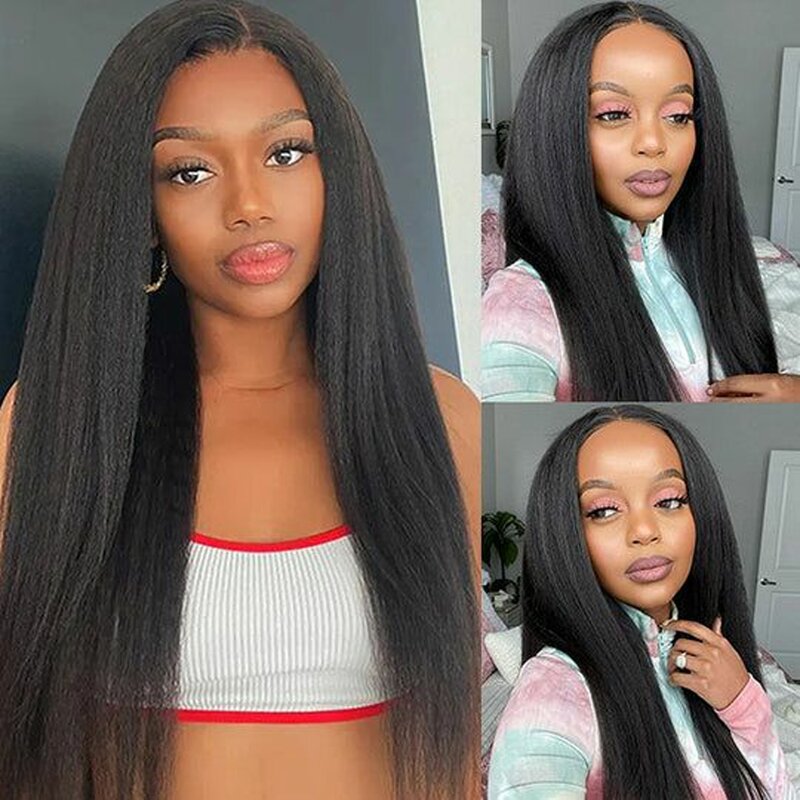 Transparent Kinky Straight Lace Front Wig Pre Plucked Yaki Brazilian 13x4 Lace Frontal Human Hair Wig For Woman Natural Hairline