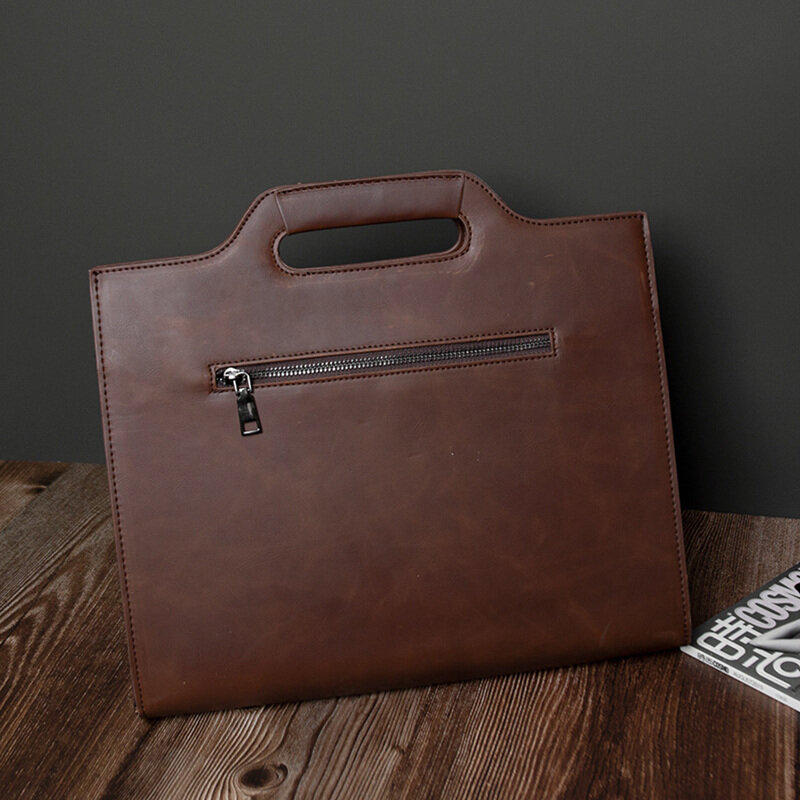 Crazy Horse Leather Retro Briefcase Men iPad Document Stereotyped Bag Zipper Envelop Bag Male Business Casual Handbag Satchels