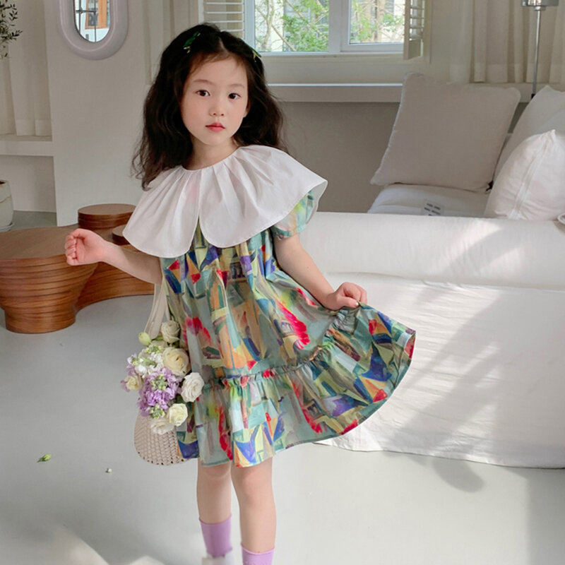Gaun pesta musim panas anak perempuan, gaun pesta putri manis modis motif grafiti lukisan minyak manis gaya Korea