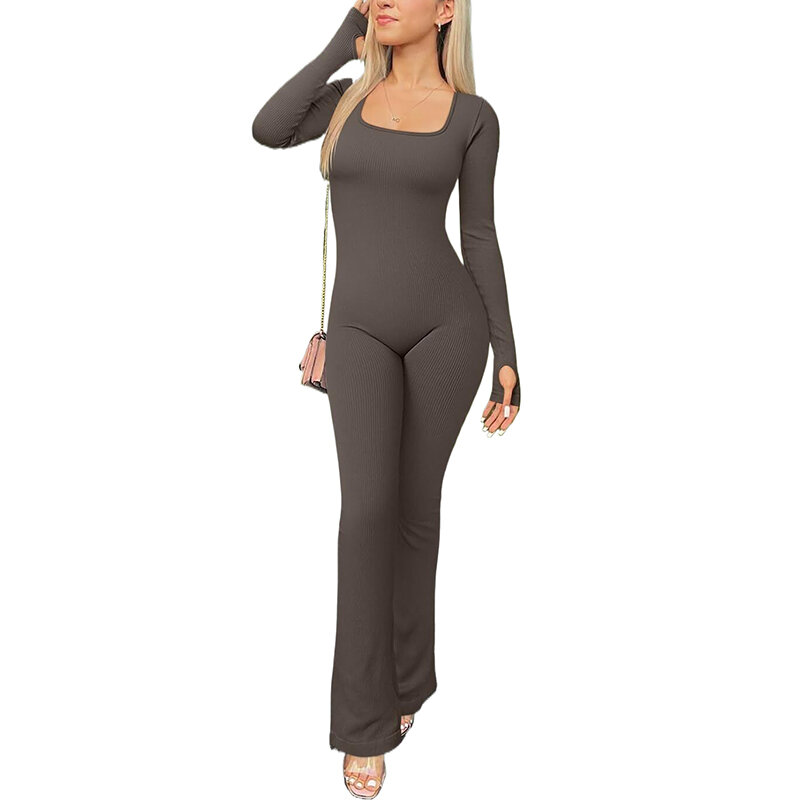 Women Yoga Jumpsuits Ribbed Exercise Long Sleeve Tops Bell Bottoms Flare Jumpsuits
