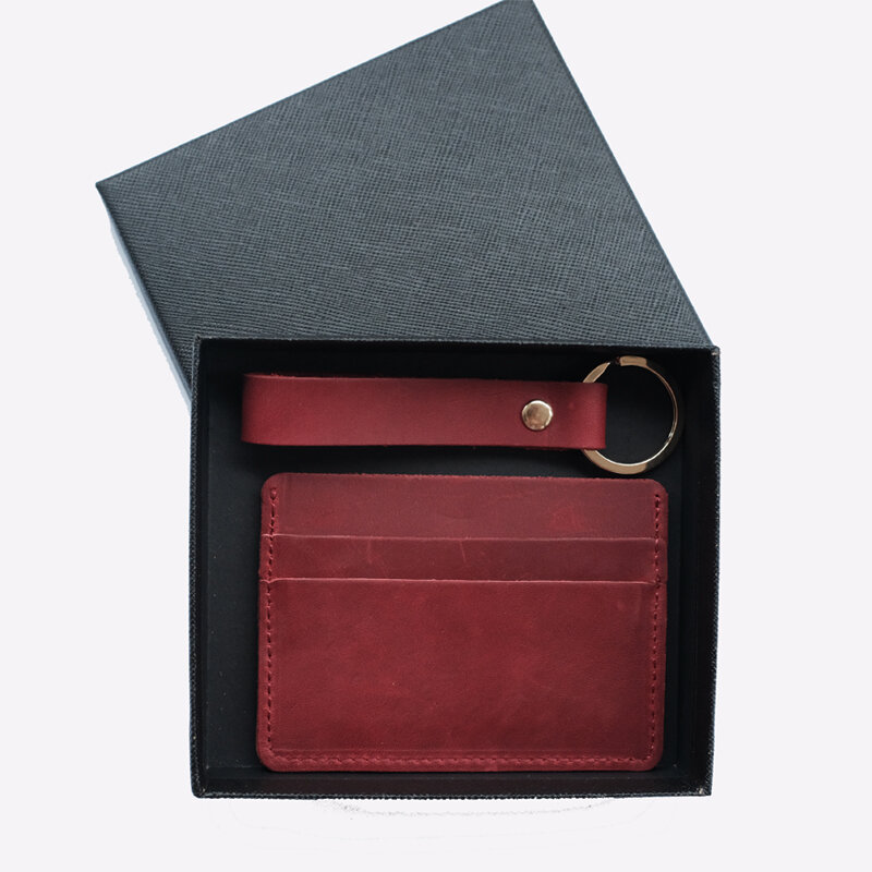 Sarung dompet kartu kulit asli, dompet kartu kulit kuda gila Set kotak hadiah gantungan kunci