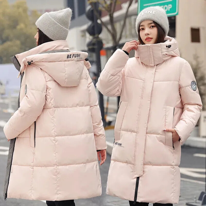 Winter New Women Hooded Long Down Cotton Jacket Korean Solid Warm Parka Overcoat Female Zipper Casual Snow Wear Coat Oversized