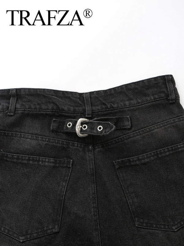 TRAFZA-Jeans de cintura alta para mulheres, jeans preto da moda, pulseira de metal vintage, bolsos versáteis, calças casuais, primavera, 2022