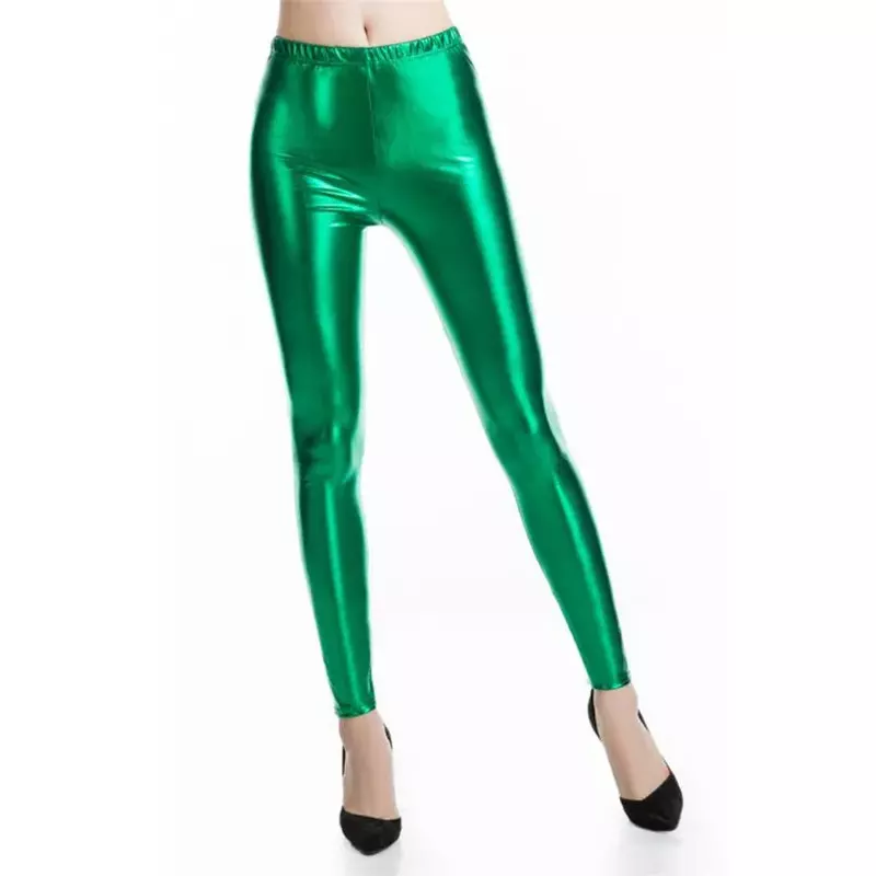 PU skóra Faux skórzane legginsy damskie spodnie fioletowe metalowe złota błyszcząca seksowny lśniący styl Punk Rock Legging Fitne