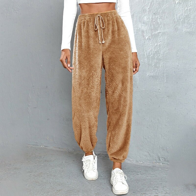 Damskie grube spodnie elastyczne jednolity kolor pluszowe termiczne luźne spodnie, pocieszające ciepłe zimowe spodnie dresowe damskie