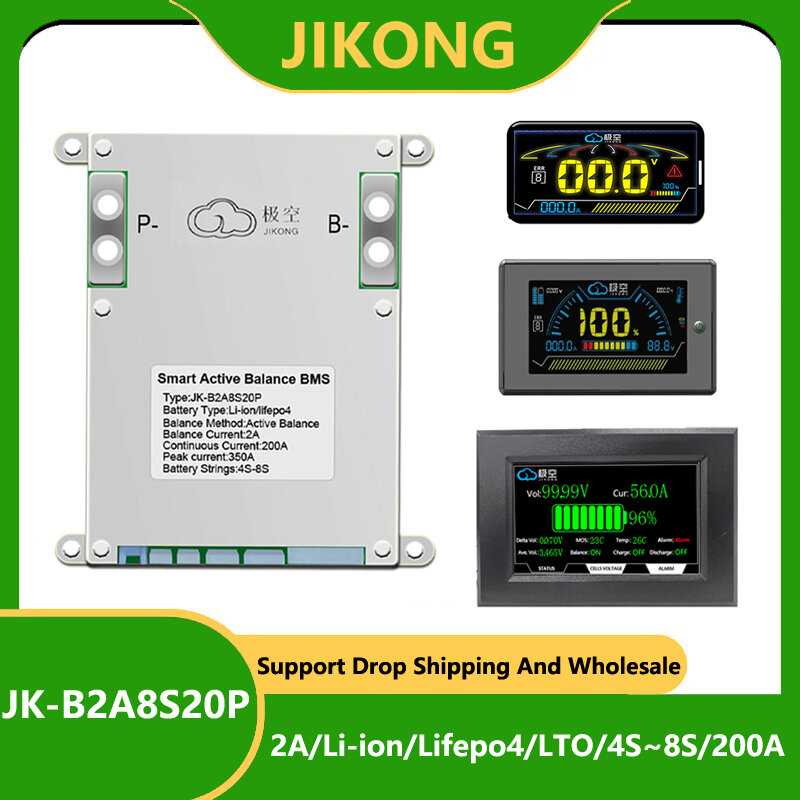 Jk bms smart 2a aktive balance JK-B2A8S20P lifepo4 batterie 4s 12v 5s 6s 7s 8s 24v 200a 18650 li-ion bluetooth lcd camping ebike