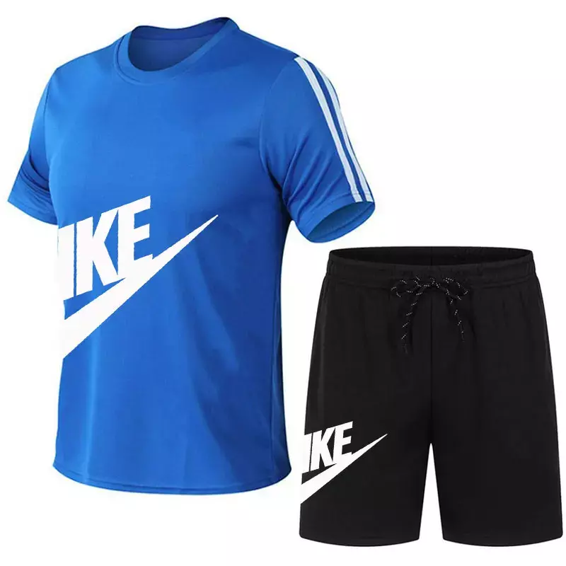 Set T-shirt + celana pendek pria, setelan baju olahraga motif santai adem lengan pendek musim panas 2024