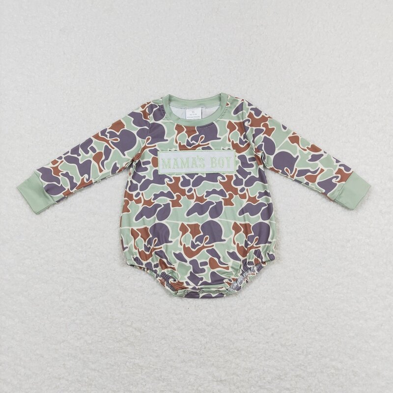 Wholesale Newborn Mama's Boy Embroidery Camo Romper Buttons Jumpsuit Toddler Kids Children Long Sleeves Bubble One-piece