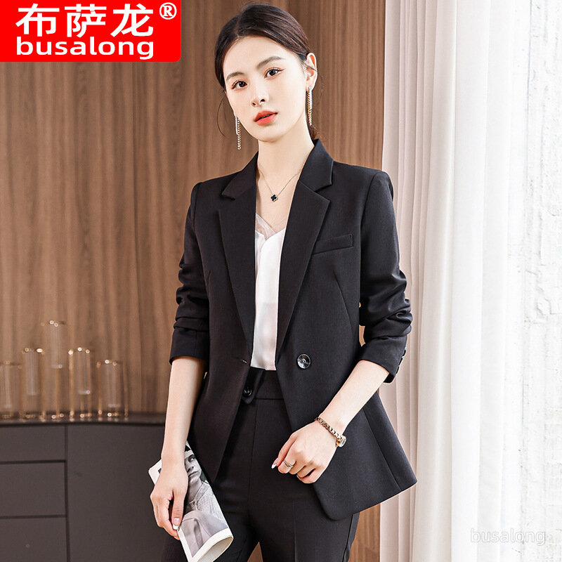 Серый деловой костюм с длинным рукавом для женщин, одежда для работы в офисном салоне, на весну и осень 2022