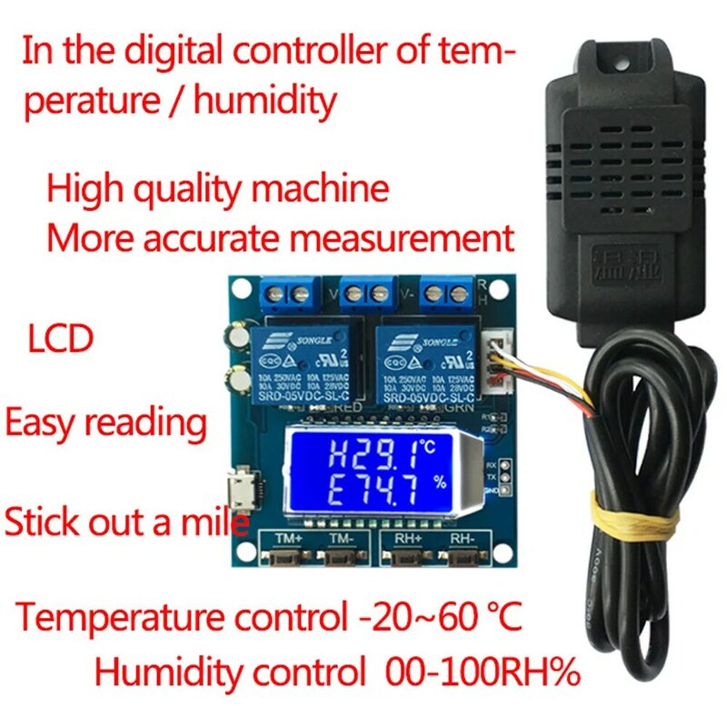 XY-TR01 습도 온도 컨트롤러, 습도계 온도계 온도조절기, 디지털 LCD 디스플레이, 릴레이 모듈, DC 12V 10A