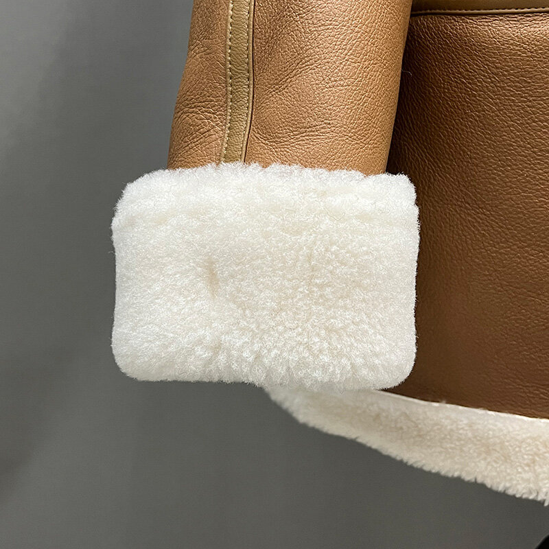 Kurtki skórzane damskie 2022 nowe strzyżenie prawdziwa skóra owcza płaszcze prosta w jednolitym kolorze futrzana podszewka zimowy ciepły płaszcz MH5046L