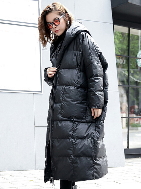[EAM] Новинка 2024, зимняя куртка с капюшоном и длинным рукавом, однотонная, черная, с хлопковой подкладкой, теплая, свободная, большой размер, Женская парка, модная, JD12101