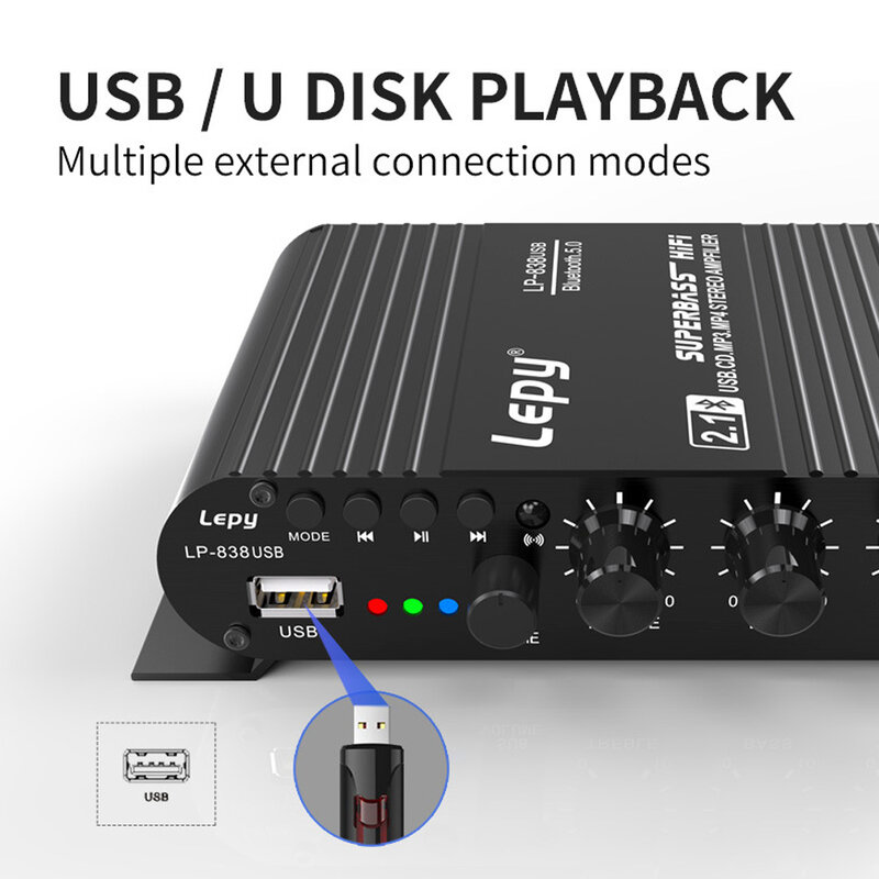 LEPY 838 USB 블루투스 5.0 서브우퍼 앰프, HIFI 2.1 Ch 12V 자동차 홈 앰프, USB 드라이브 무손실 음악, 4-8 Ohm 스피커에 적합