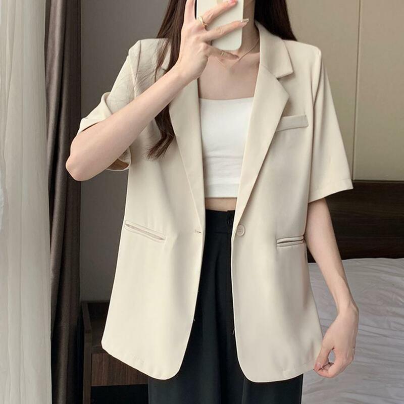 Women Suit Jacket Versatile Women's Short-sleeved Suit Coat Solid Color Button Closure Casual Work Outwear for Business Wear