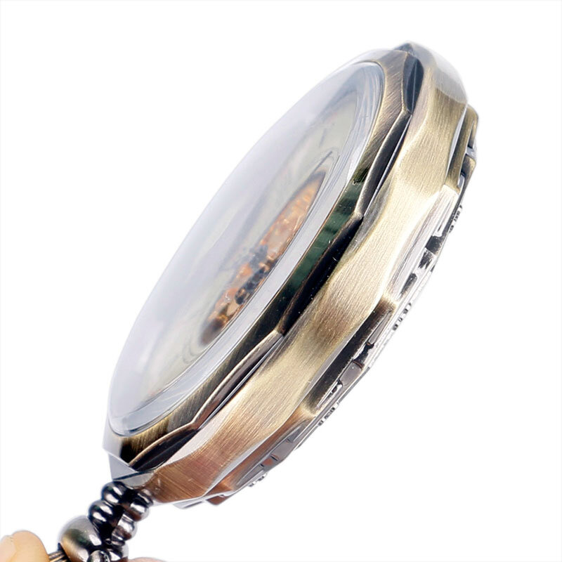 Reloj de bolsillo con números romanos para hombre, pulsera de mano mecánica de bronce con cara abierta, cadena de bolsillo Retro, colgante de moda antigua, regalo