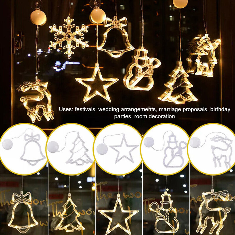 크리스마스 LED 빛 눈송이 산타 사슴 매달려 빨판 램프 창 장식품 홈 새해 후크 실내 장식