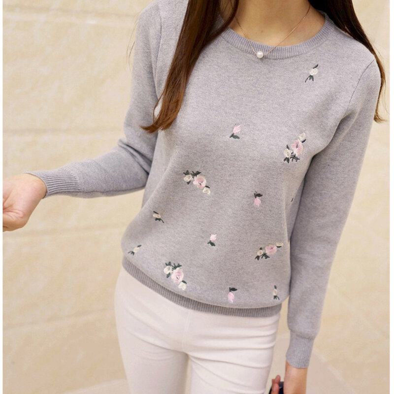 Jersey de manga larga con bordado de flores para mujer, suéter informal de algodón, Tops de color sólido, nuevo estilo, 2023