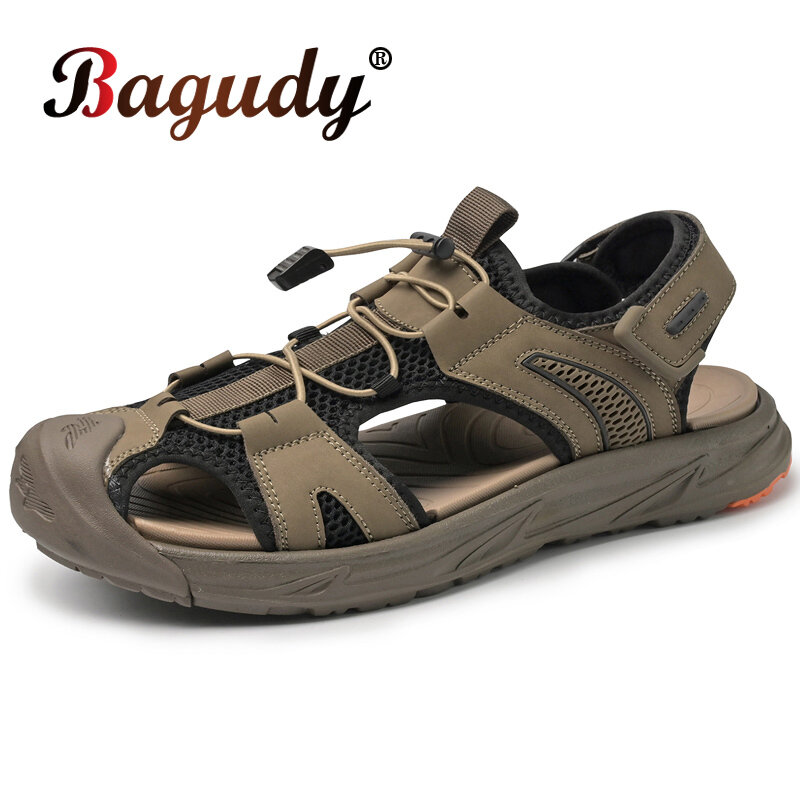 Sandálias romanas de couro genuíno masculinas ao ar livre, sapatos de praia macios e confortáveis, tamanho grande, verão