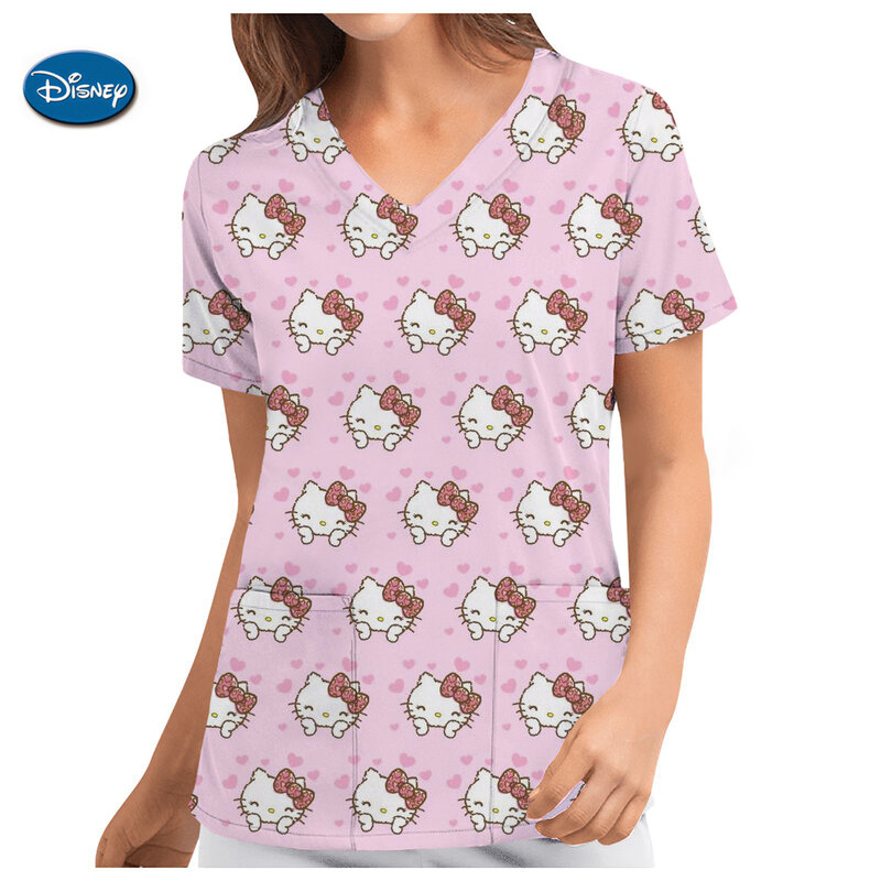 Mulheres Hello Kitty uniforme de enfermagem, 3D Print, manga curta, tops com gola V, uniforme feminino de trabalhadoras, venda quente, verão, 2022