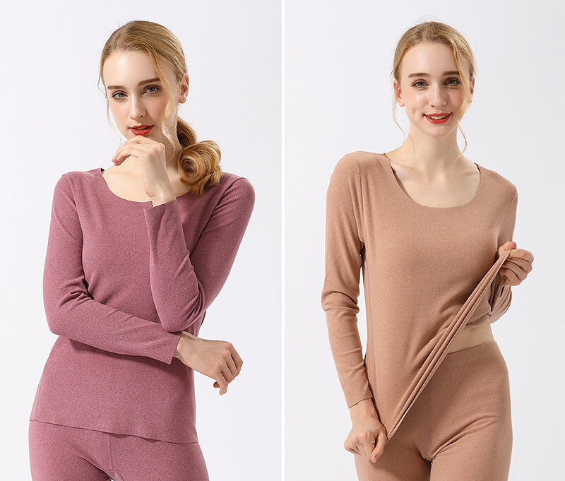 Traceless Thin Thermal Underwear Women's Suit Plus Velvet Thick Tight Round Neck Bottoming Shirt Winter Suit