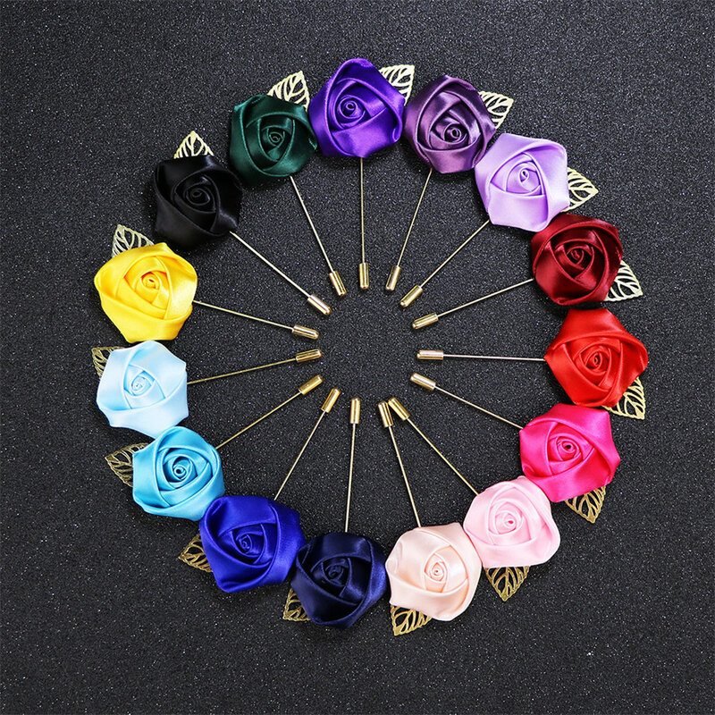 1pc Men Suit Rose Flower Brooches Groom Boutonniere Male Pin Fabric Ribbon Tie Pins Clothing Dress Party Wedding Decor Wholesale