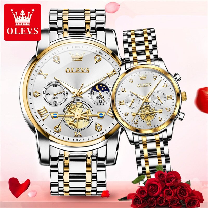 OLEVS jam tangan pasangan mewah, jam tangan kuarsa kronograf mewah, jam tangan pasangan modis bercahaya tahan air baja tahan karat untuk pasangan pria dan wanita