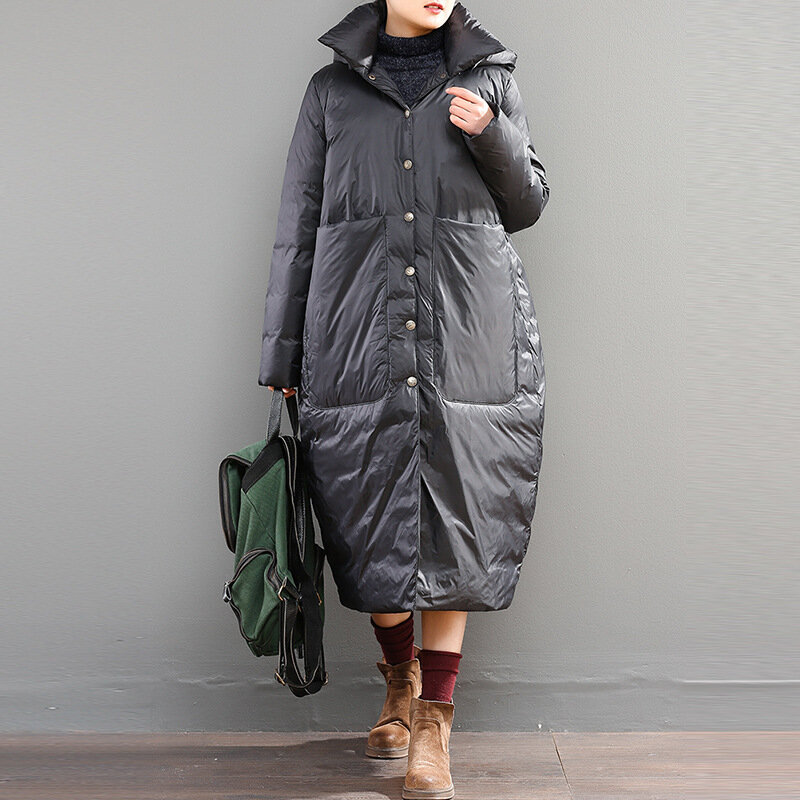 Casaco de pato longo europeu para mulheres, casaco espesso quente, bolso grande, solto, branco, novo, inverno