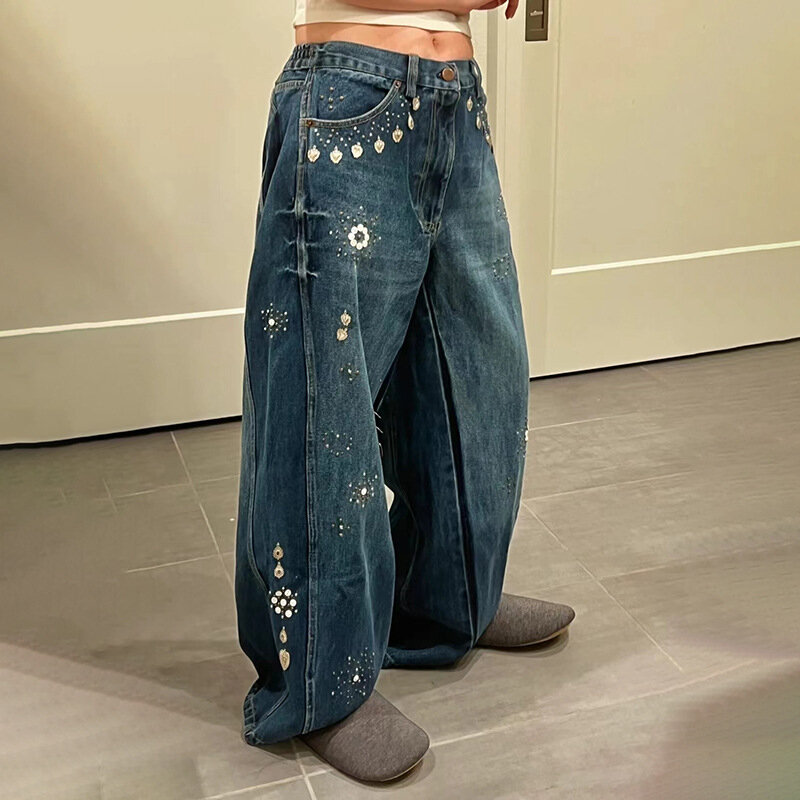 Pantalones vaqueros con lentejuelas y corazón para mujer, Vaqueros largos de algodón con cintura elástica, estilo Retro, novedad de 2024