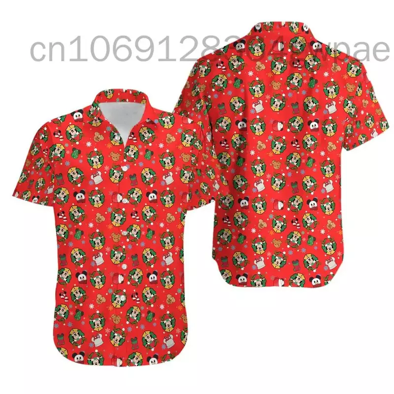 Minnie Mouse Hawaiian Shirt Women's Men Short Sleeve Beach Shirt Disney Casual Party Button Up Hawaiian Shirt Fashion Streetwear