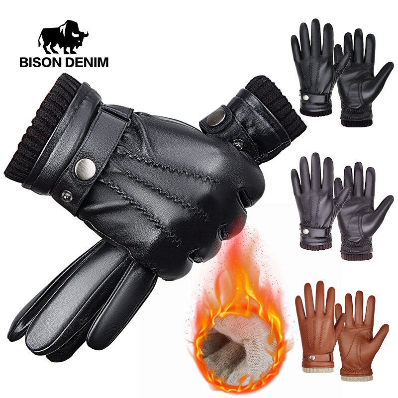 BISONDENIM Neue männer Echtem Schaffell Handschuhe Volle Finger Touchscreen Handschuhe Winter Warme Mode Business Mehrere Größe Optionen