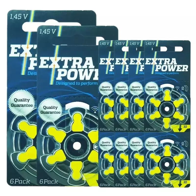 Box of Extra Power Hearing Aid Batteries Size 10 A10 10A 1.45V Yellow PR70 Zinc Air (60 battery cells)