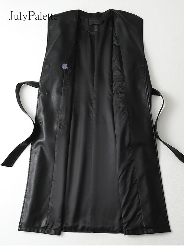 Julypalette M-5XL Pakaian Luar Kulit Domba Sabuk Lengan Panjang Wanita Kerah Lipat Mode 2022 Mantel Panjang Kulit Asli Musim Gugur