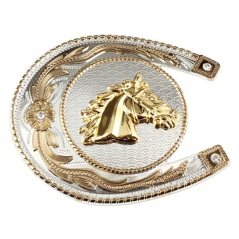 Gold Equestrian Large Belt Buckle Horse Head Dual Color Alloy Smooth Buckle
