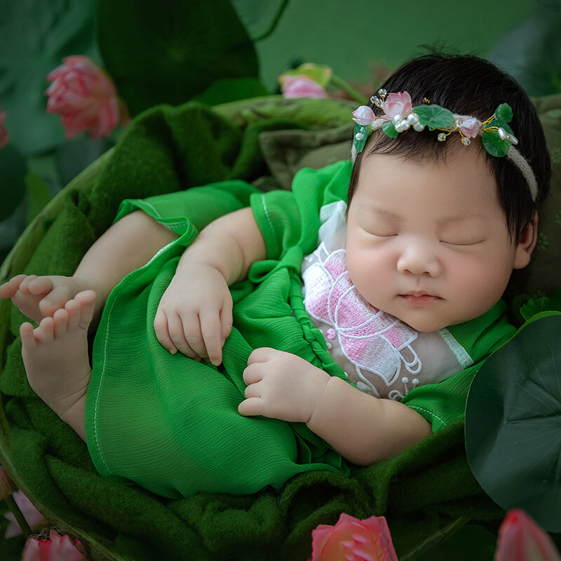 Säuglinge Fotografie Requisiten Kleidung Baby Mädchen Kleider Kopf bedeckung Lotus Zubehör Requisite kleine frische Stil Thema Baby kreative Foto