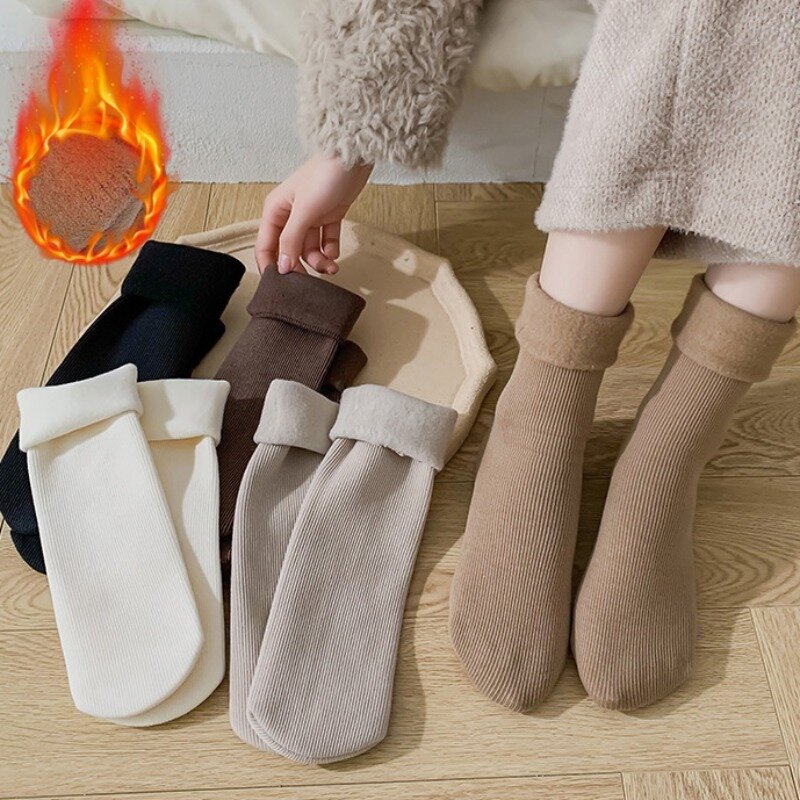 New Velvet Women Winter Warm Thicken Thermal Socks Harajuku Casual Solid Color Wool Cashmere Socks Home Snow Boots Floor Sock