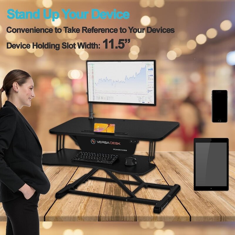 PowerRiser-convertidor eléctrico de escritorio de pie para Monitor Dual, estación de trabajo para ordenador portátil con bandeja de teclado ancha, 32 pulgadas