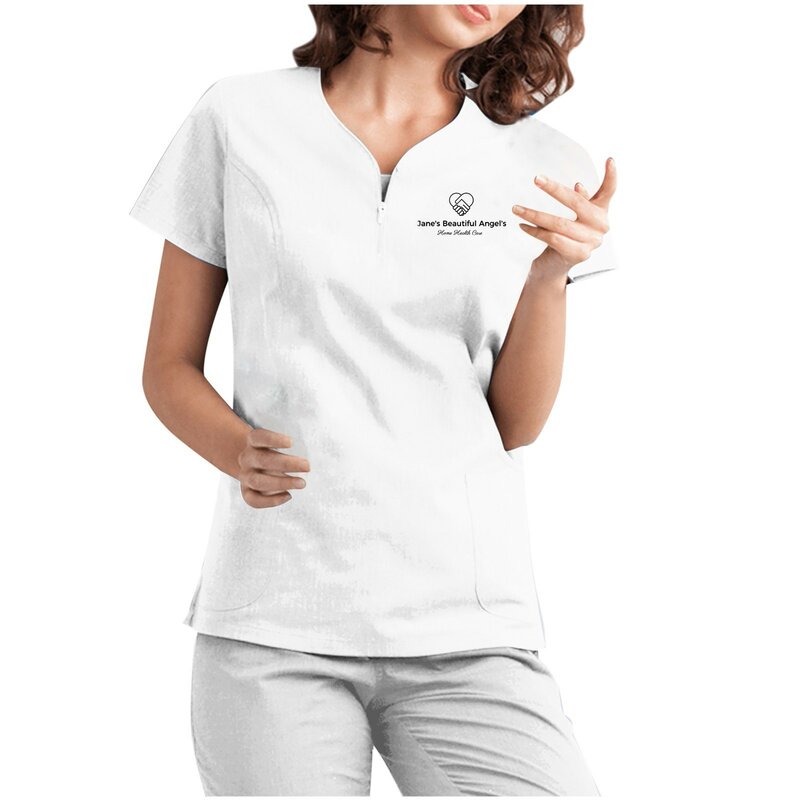 헬스케어 간호사 튜닉 여성용 솔리드 포켓 스크럽 탑, 반팔 블라우스, 미용실 작업복, 여성 보호자 유니폼